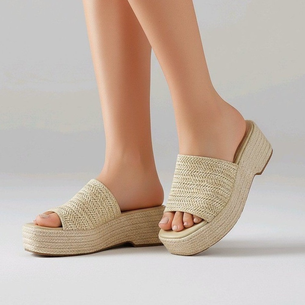 Woven Raffia Platform Slide Sandals Beige Espadrille Block Heel Size 10